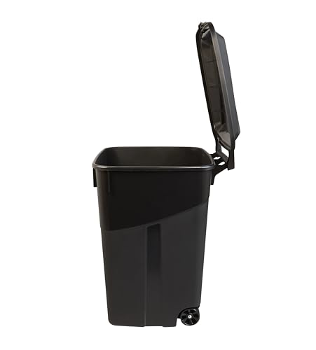 Heavy Duty Wheeled Plastic Garbage Can, 45 Gallon Capacity, Attached Lid, Black