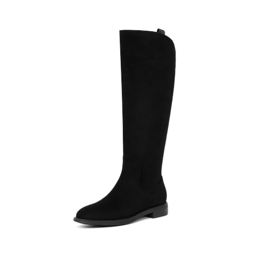 Image of Modatope Knee High Boots Women Rounded Toe Flat Retro Bais Opening Low Chunky Heel Riding Boots