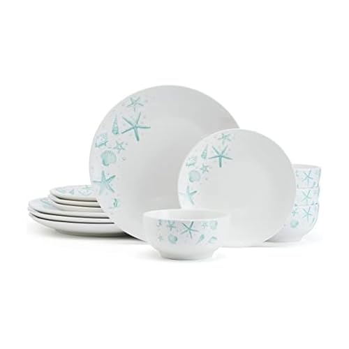 Studio Nova Tahiti Coastal 12 Piece Dinnerware Set Service for 4 Multicolored Stoneware Plates and Bowls with Vibrant Coastal Design for Everyday Dining