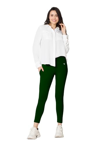 Image of VSTAR PL02 Women Ankle Length Stretchable Slim Fit Leggings with Secured Side Pocket | Moisture-Wicking | Soft Waistband & Cotton-Elastane Fabric | L | Bottle Green