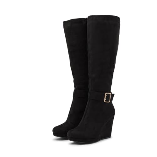 Zszszsu Women's Platform Wedge Heel Knee High Boot with Ankle Strap Classic Round Toe Wide Calf Boots Side Zipper Fall Winter Shoes Size 4-16 US3