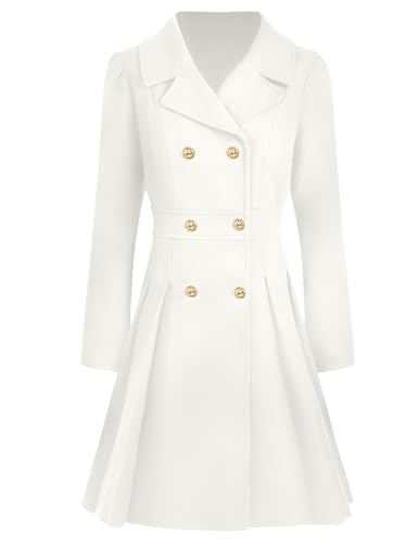 Caintima 2025 Winter Coats for Women Double Breasted Lapel with Pockets A-line Coat White M