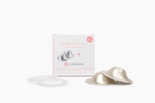Image of SILVERETTE The Original Silver Nursing Cups, Nipple Covers for Breastfeeding Essentials, Pure 925 Silver Nipple Shields for Breastfeeding Newborn, XL Size with O-Feel Silicone Rings
