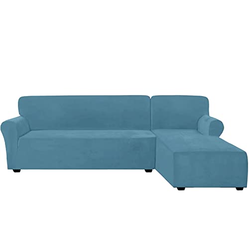 CXYKN Funda de sofá en Forma de L, Funda de sofá seccional Funda de sofá elástica de Terciopelo de 2 Piezas Protector de Muebles Lavable para Sala de Estar Mascotas-Azul A-Large + Large