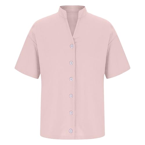 Girls Short Sleeve Cotton Linen Shirt V-Neck Tunic Blouses for Teen Girls Trendy Top Button Down Blouses Summer Shirt3