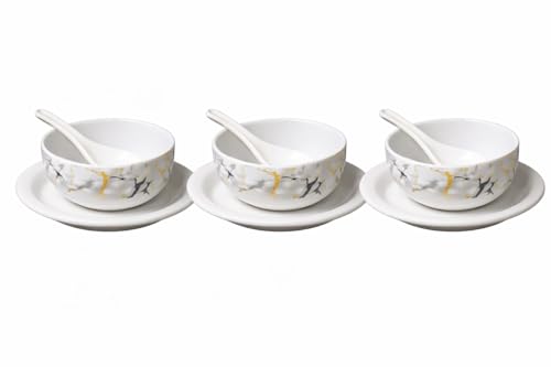 Image of Ariya Melamine French Soup Bowl Set of 3 (350 ml, White /Gold with Disin) with Spoons & Saucers|Premium Soup Serving Bowls|Microwave & Dishwasher Safe|Durable Bowls for Soup, Noodles, Cereal & Pasta