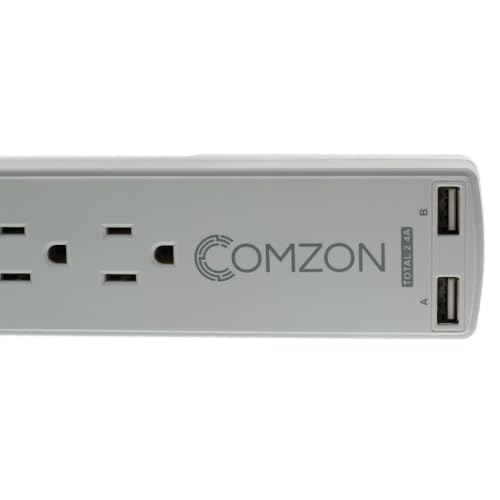 10 Foot Comzon Surge Protector w/2 USB Ports(2.4 Amp), Flat Rotating Plug, 6 Outlet, White Horizontal Outlets, Plastic, Power Cord 10 Foot, 2 Pack by MarginMart - Image 2