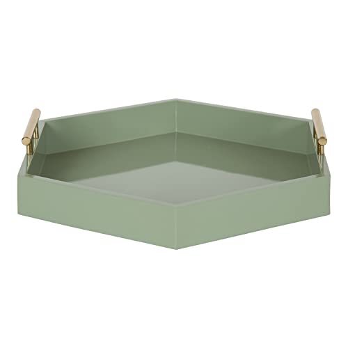 Image of Kate and Laurel Lipton Modern Hexagon Tray; 18 x 18; Sage Green with Gold Handles; Midcentury Decorative Serving Tray for Storage and Display in Living Room Decor Scheme
