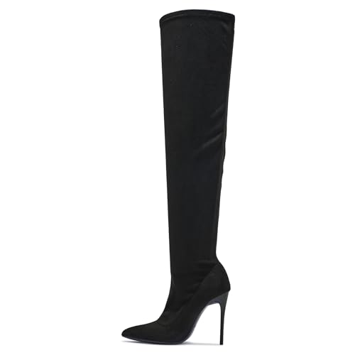 Tilly London Ladies Womans Slim Stiletto Heel Black Sexy Over Knee Thigh High Fit Boots Wide Stretch Calf (Black Microsuede Stretch, UK Footwear Size System, Adult, Women, Numeric, Medium, 5)