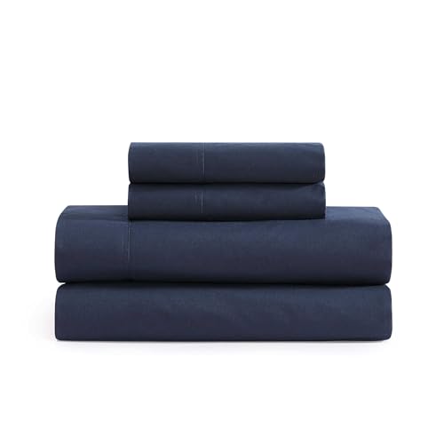 Tommy Hilfiger - Juego de sábanas, ropa de cama de percal de algodón con fundas de almohada a juego, fresco y fresco, Solid Home Essentials (azul marino, Queen)