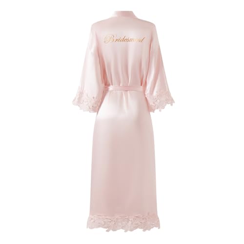 Image of Women's Long Bride Bridesmaid Robes with Lace Trim Embroidery Bridal Silky Satin Kimono Wedding Party Bathrobe