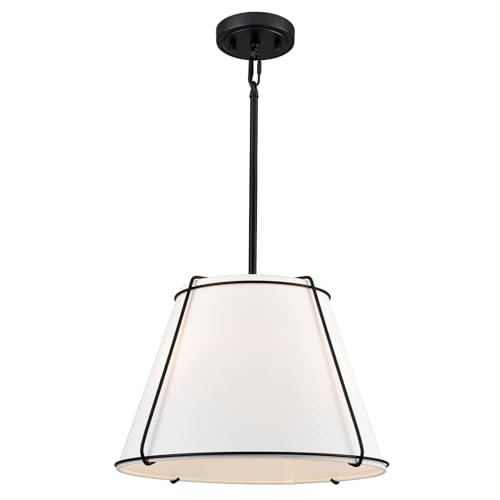 AXILAND Modern Pendant Light Fixtures, 16' White Linen Drum Pendant Lights, Adjustable Hanging Light Fixture with Metal Frame, Black Chandelier for Bedroom Dining Room Kitchen Island Living Room