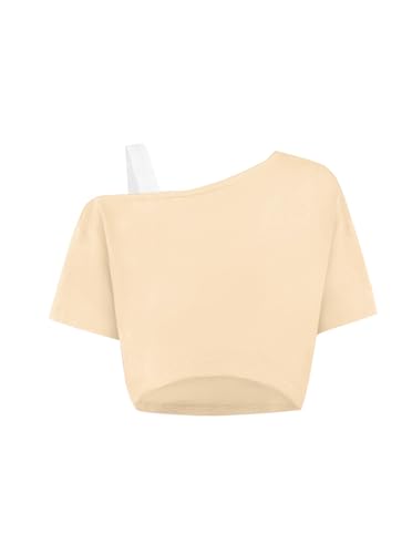 Image of Girls Off The Shoulder Tops Asymmetrical Short Sleeve Crop Top Cute Summer Tee Shirts Apricot 9-10 Years