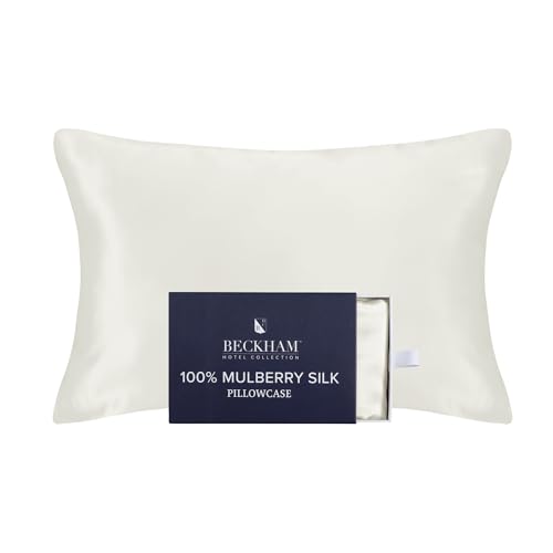 Image of Beckham Hotel Collection Silk Pillow Case with Zipper, 100% Mulberry Silk Pillowcase for Hair & Skin, 22 Momme 6A Grade, Oeko-TEX Certified, 1PC, King, Ivory