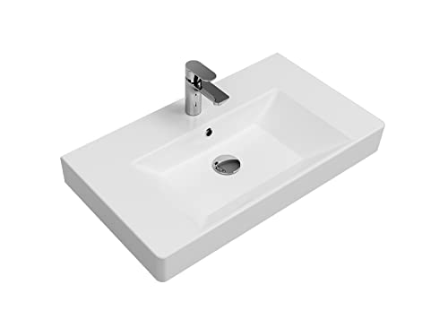Aqua Bagno | Universal Waschbecken mit Ablage, modernes Keramikwaschbecken in Weiß, hängendes Waschbecken 80 cm breit