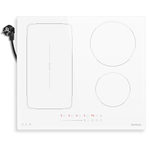 Karienvir Plaque Induction 4 Feux Avec Prise, Plaque à Induction 60 cm Avec Boost, Zone Flexible, Verrouillage de Sécurité, Pause, Minuteur, Induction Blanche,...