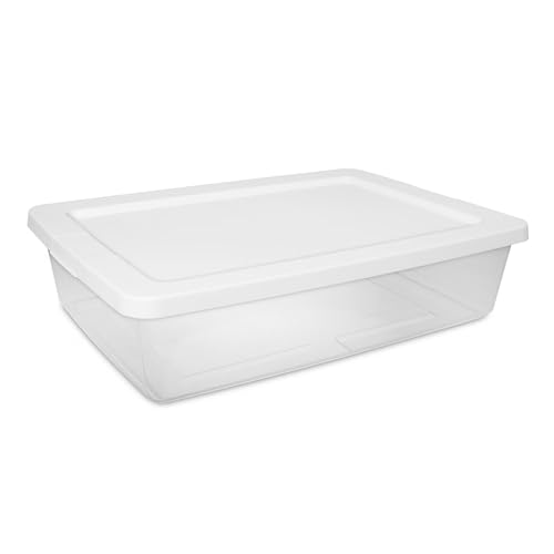 28 Quart Clear Plastic Underbed Storage Bin with White Lid | Stackable, Lidded Organizer Tote, For Clothes, Shoes, Linens & Seasonal Items