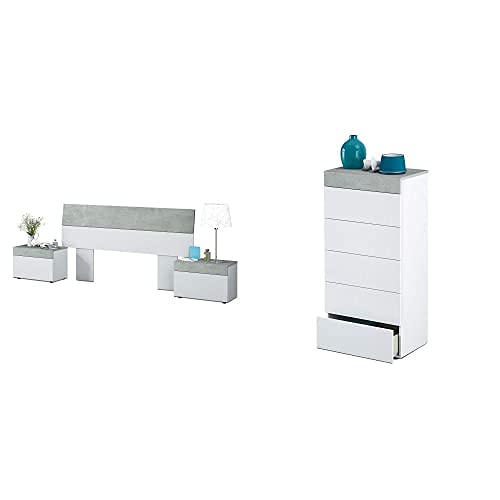 Habitdesign 0L6096A Cabezal Y Mesitas, Conjunto De Dormitorio, Melamina, Blanco Artik Y Gris Cemento, 176 X 96,5 Cm + 0L7836A...