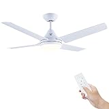 Newday 48-in Ceiling Fan with Lights and Remote, White Ceiling Fan with 4 Reversible Blades, Quit Mo