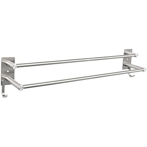NearMoon Double Towel Bar with Hooks, Bath Accessories Stainless Steel Shower Towel Rack, Towel Rod Holder for Bathroom/Kitchen, Self Adhesive&Wall Mounted Installation (27 Inch, Brushed Nickel)