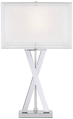 Possini Euro Design Proxima Modern Table Lamp 28" Tall Chrome Silver Crisscrossing Metal Sheer Outer White Inner Rectangular Shade For Bedroom Living Room House Bedside Nightstand Office Family #TOP6