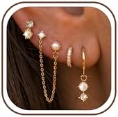 4Pairs Gold Earrings Stacks Set for Women CZ Hoop Pearl Chain Studs Jewelry