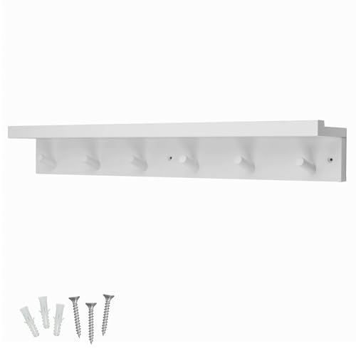 keypak 6 Coat Hooks with Shelf, 68cm Wooden Floating Shelf with Lip, Wall Mounted Coat Rack Hallway Organiser - Pre-Assembled, Fixings Included (White)
