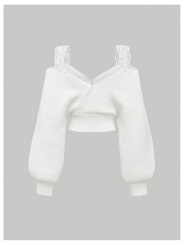 Verdusa Women's Y2K Lace Bow Sweater Coquette Cold Shoulder Lantern Sleeve Crop Tops2