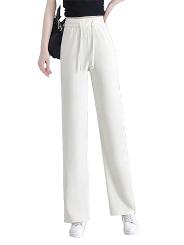 Women Solid Loose Straight Pants Elastic High Waist Wide Leg Sweatpants Lace Up Pants