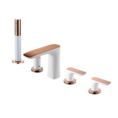 WOTZOV Grifo de bañera Moderno de 5 Orificios con Montaje en Cubierta Romana, Agua fría y Caliente, Juego de llenado de bañera extendido, grifos de baño divididos de latón Blanco y Oro Rosa.
