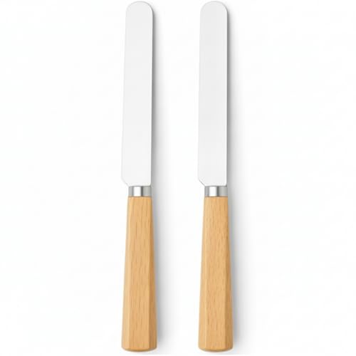 LacusMare Butter Knife Set of 2 17.5cm Oak Wood Handle Stainless Steel Butter Knives for Spreading Butter Jam Cream Cheese & Soft Cheese Rustic Wooden Spreader for Toast & Sandwich