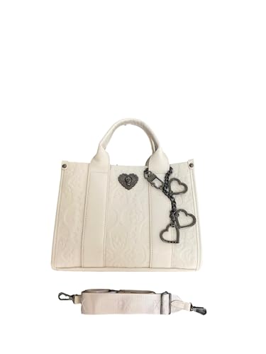 Betsey Johnson XO EVE Allover Skull Embossed Small Chalk Bone Faux Leather Triple Entry Satchel W/Pewter Metal Skull Heart Insignia & Detachable Studded 3 Hearts Dangle Crossbody Shoulder Bag3