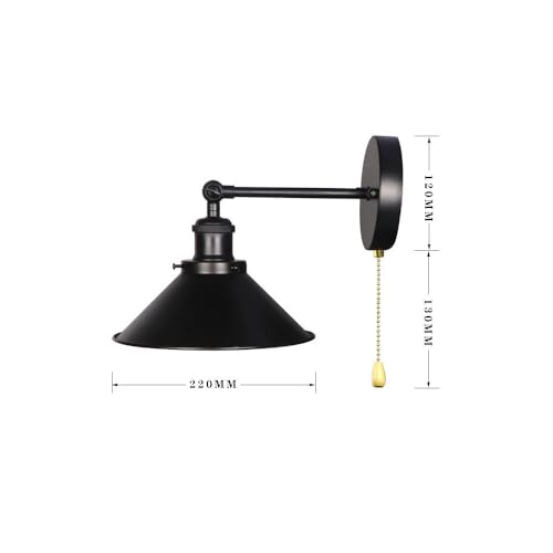 Image of Black Metal Wall Sconce Light, 1-Light Farmhouse Lamp, Pull Chain Industrial Wall Light Fixture for Bedroom Bathroom Kitchen Porch (Black)