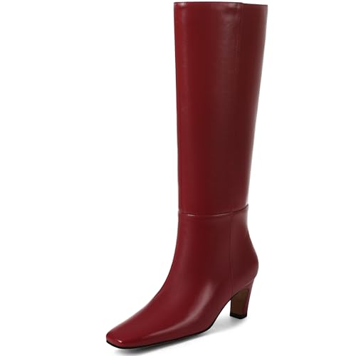 Kitten Heel Knee High Boots Women Square Toe Long Tall Boots Faux Leather Low Heel Boot Fashion Wide Calf Dress/Casual Elastic Boots with Side Zipper