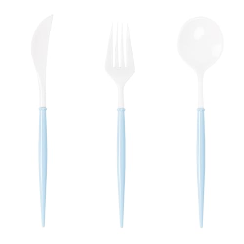 180PCS White Plastic Silverware with Blue Handle,Disposable Utens...