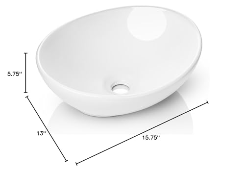 Miligoré 16" x 13" Oval White Ceramic Vessel Sink - Modern Egg Shape Above Counter Bathroom Vanity Bowl