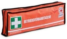 Betriebsverbandstasche nach neuer DIN 13169 aus wasserabweisendem Nylongewebe, mit Reißverschluss an drei Seiten und umlaufendem schwarzen Nylonband, mit rückseitigem Klettstreifen
