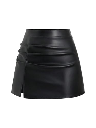 GORGLITTER Women's Leather Mini Skirt Ruched Split Hem High Waisted Hip Wrap Party Club Bodycon...