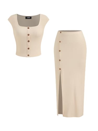 CIDER Two Piece Outfit Button for Women Down Crop Top Midi Skirt Set