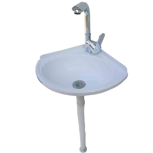 Mini fregadero ovalado compacto de 28 x 28 x 11 cm, lavabo de plástico blanco para baño y aseo de invitados, diseño montado en la pared con grifo de agua caliente