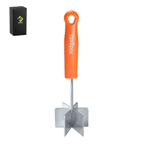 Mini Stainless Steel Meat Masher, Small Ground Beef Chopper, Mini-sized Pastry Dough Blender & Crumble Maker. Mini Meat Masher and pastry tool by Xidgets (Retro Orange)