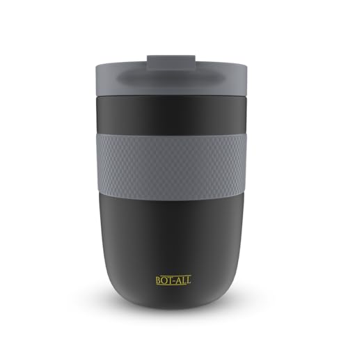 Image of BOT-All Grip Cup Made with Double Wall 304 Stainless Steel, Premium Cup with Silicone Grip, Powder Coating Finish, Keeps Drinks Hot /Cold for 8 /10 Hours, Car Cup Holder Friendly (Black - 250ml)
