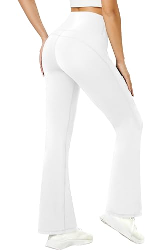 Friptspyg Damen Hose mit Taschen Casual Arbeit Hose High Waist Yogahose Stretch Jogginghose Bootcut Sporthose Freizeit Yoga Pants, Weiß M