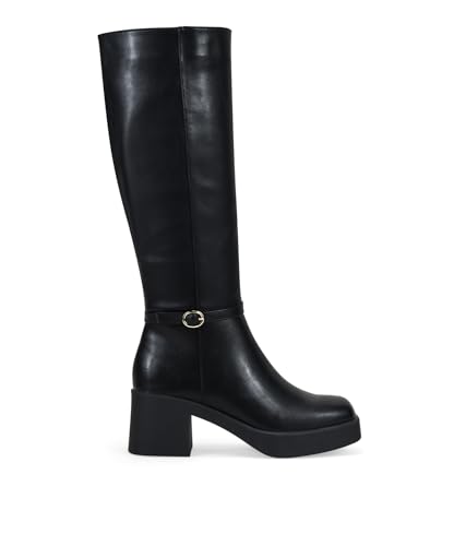 BOSANOVA Botas altas con tacón con tira decorativa con hebilla, acabado cuadrado y suela de plataforma de 2 cm con tacón cuadrado de 6.5 cm. Cierre con cremallera interior. Calzado para mujer NEGRO 39