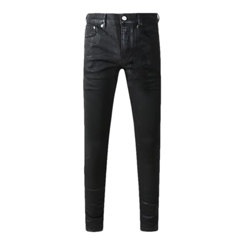 Men High Street Distressed Stretch Skinny Button Fly Ripped Jeans Pants Black Straight Leg Denim Pants