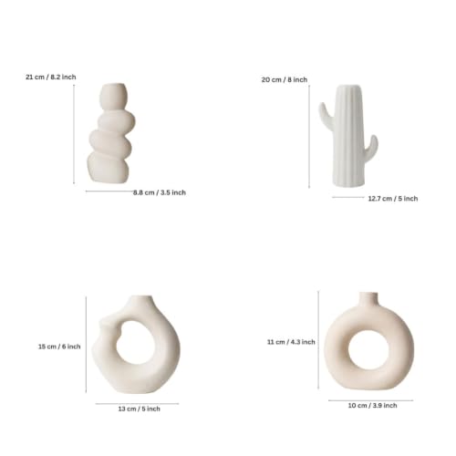 Image of Modern Ceramic Vase Set of 4 | Nordic Minimalist Donut, Bubble & Cactus Design Decorative Flower Vases | Matte White Home Decor for Living Room, Center Table, Shelf & Office