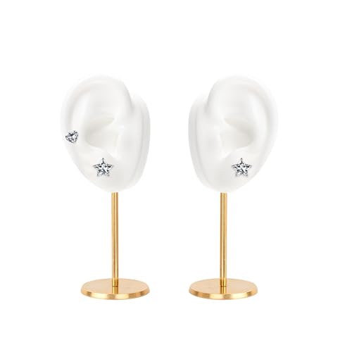 Ear Shaped Earring Display Stand, Piercing Stud Holder, Copper Round Base Silicone Body Mannequin Model Organizer, Navel Jewelry Rack for Girl Women Shows Birthday Wedding Decor (Left&Right, White)