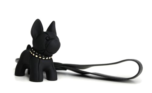 DUB SPENCER Süßer French Bulldog Hunde Miniatur Figur Schlüsselanhänger als Französische Bulldogge mit Leder Anhänger, Karabiner & Schlüsselring in 4 Farben + Aufkleber (Schwarz)