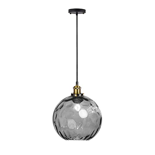 EKSED Lampadario a Sospensione Sferico in Vetro Ondulato - Lampada a Sospensione con Paralume in Ottone per Isola Cucina e Sala da Pranzo (Grigio, 20cm)