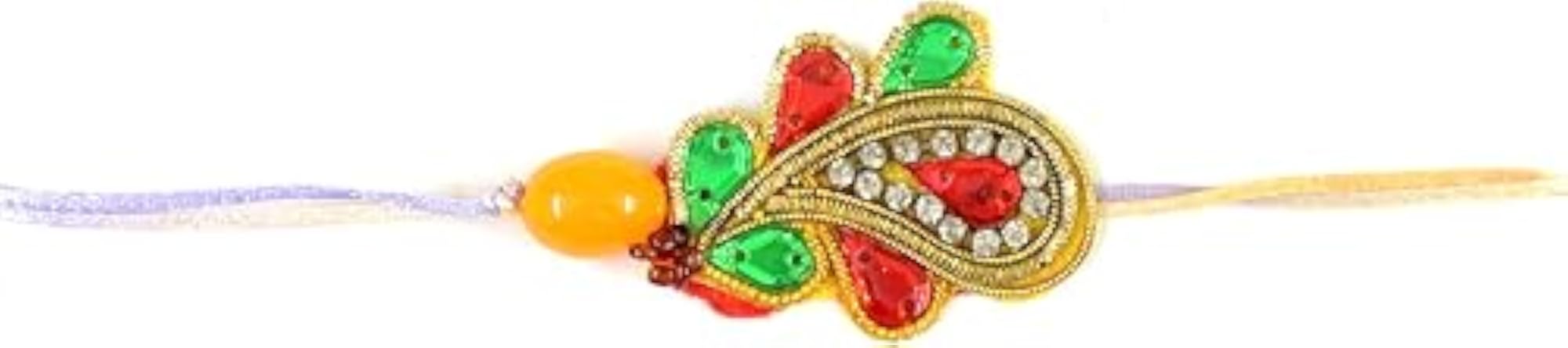 Orange Green Paisley Dabka Rakhi Bracelet with Satin Strings & Tika